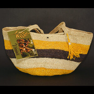 Bolso WEMA tejido a mano color amarillo, marrón oscuro y fibra natural