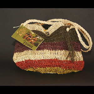 Bolso WEMA tejido a mano color marrón oscuro, marrón claro, marrón rojizo, verde y fibra natural